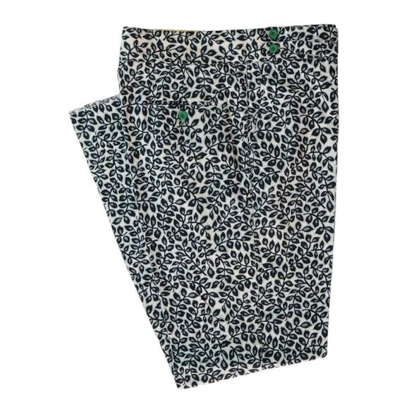 Mens 36 Gurkha Pants White Black Leaf Print Cotton Trousers Flat Front Straight
